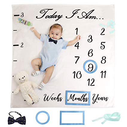Baby Monthly Milestone Blanket Boy | Large & Soft Fleece Newborn Photography Background Blanket for Boy or Girl | Best Baby Shower Gift for Mom | Bonus Ruler, Frames, Bow Tie & eBook