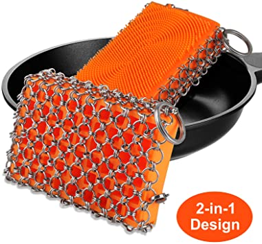 EEEKit Cast Iron Cleaner, Silicone & Stainless Steel Chainmail Scrubber, Durable Anti-Rust Skillet Cleaner with Hanging Ring for Kitchen Grill Cookware, Dishwasher Safe for Cast Iron Skillet Wok Pan