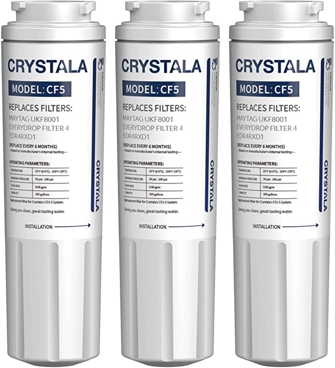 Crystala Filters UKF8001 Water Filter Compatible with Whirlpool 4396395, Filter 4, Maytag UKF8001, EDR4RXD1, UKF8001AXX, UKF8001P, Puriclean II, PH21500 Refrigerator Water Filter (3 Pack)