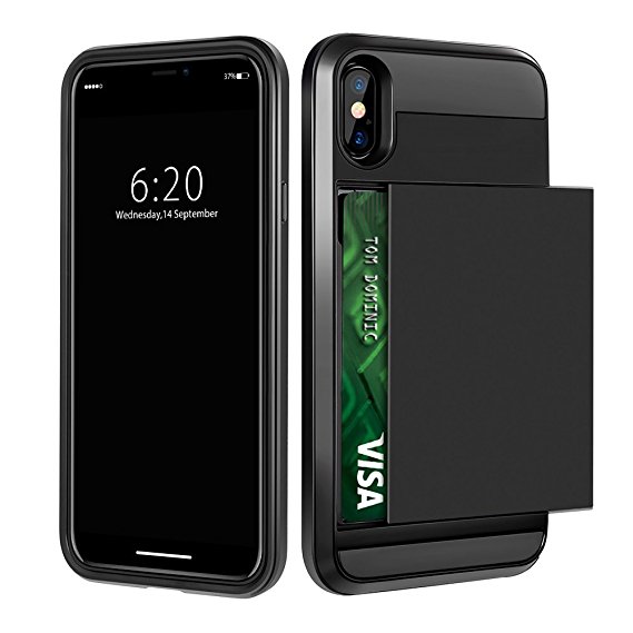 iPhone X Case,iPhone 10 Wallet Case Card Holder Shell Heavy Duty Protection Shockproof Defender Anti-Scratch Soft Rubber Bumper Cover Case
