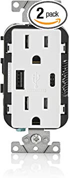 Leviton T5633-W 15-Amp Type A & Type-C USB Charger/Tamper Resistant Receptacle, White with Screwless Wallplates, 2-Pack