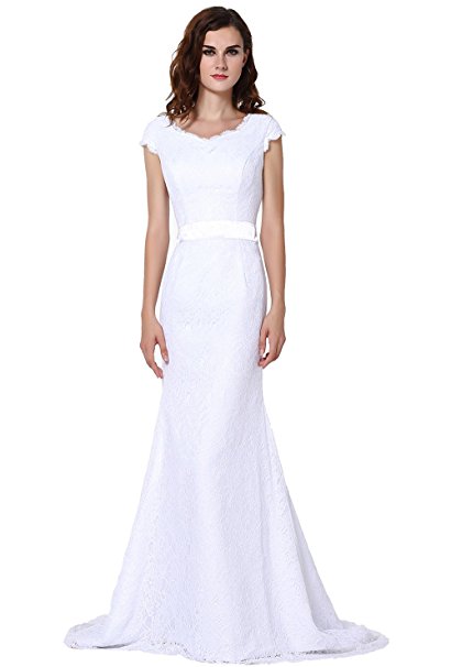 Vegeron Cap Sleeve Mermaid Lace Wedding Dresses Bridal Gowns for Women