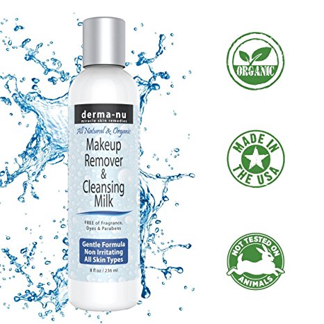 Makeup Remover & Cleansing Milk by Derma-nu – All Natural, Soothing, Gentle Formula - Great for All Skin Types. Easily Remove Eye Makeup & Cosmetics without irritation or drying skin - 8oz