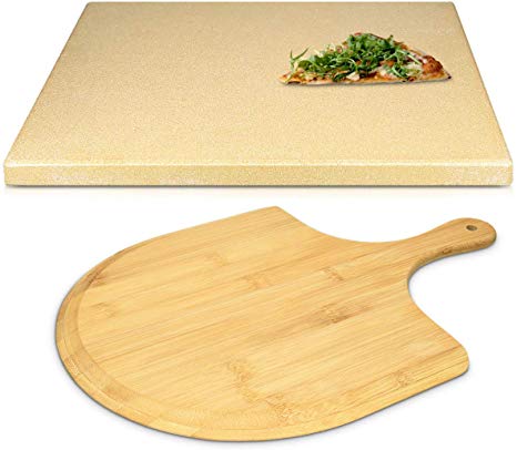 Navaris XL Pizza Stone Set for Baking - Cordierite Pizza Stone Plate with Large Wooden Pizza Peel Board for BBQ Grill Oven - Rectangular, 38x30x1.5cm