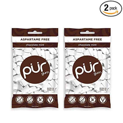 PUR GUM 100% Xylitol Chewing Gum - Chocolate Mint - Sugar-Free + Aspartame Free, Vegan + non GMO - Pack of 2
