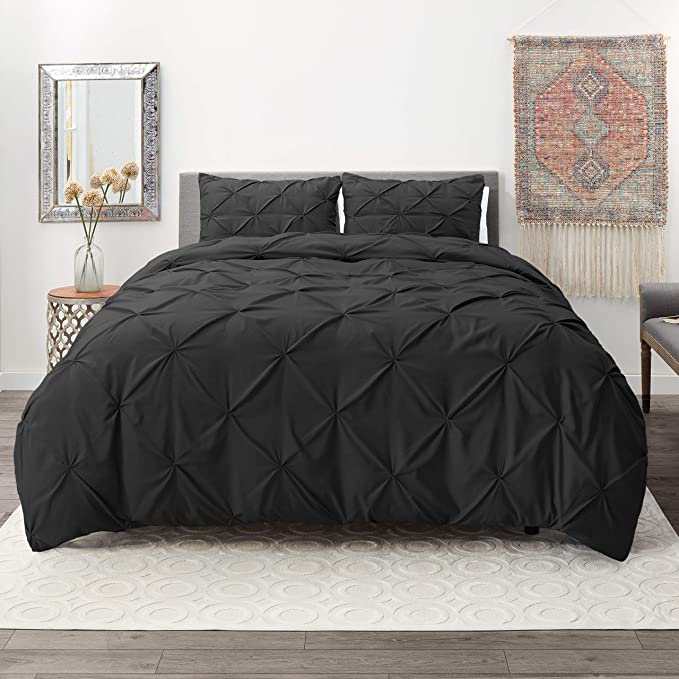 Nestl Bedding 3 Piece Pinch Pleat Duvet Cover Set | Black Duvet Cover with 2 Pillow Shams |Microfiber California King Duvet Cover Set