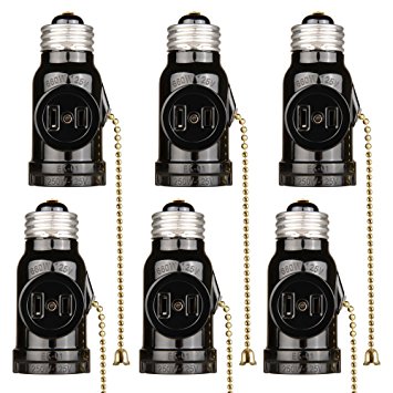 Onite 6-Pack of Black E26 US Standard Screw Light Holder with Two Outlet Socket Adapter, Pull Chain Switch