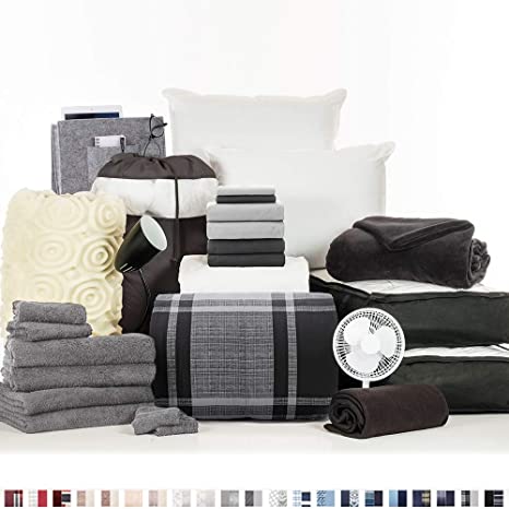 OCM College Dorm Room Essentials 27-Piece Varsity Collection, Twin XL, Bedding, Bath, Storage and More in Wonderland, Classic Oversized Plaid in Black and Gray, Black and Gray Sheets, Neutral Palette