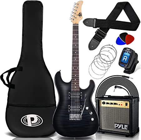 Electric Guitar and Amp Kit - 39.4” Full Size Electric Guitar Humbucker Pickups Bundle Beginner Starter Package w/ Amplifier, Case, Strap, Tuner, Pick, Strings, Cable, Tremolo - Pyle PEGKT99BK(Black)