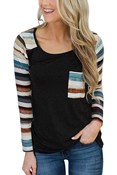 GADEWAKE Womens Casual Printed Pattern Striped Color Block Pocket Long Sleeve Round Neck T Shirts Blouses Tops