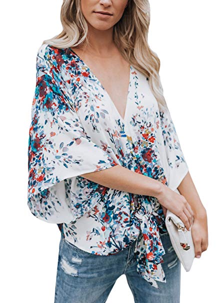 Dokotoo Womens Short Sleeve V Neck Floral Tie Front Flare Tops Chiffon Blouses