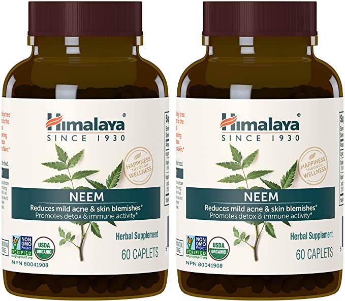 Himalaya Organic Neem 60 Caplets for Mild Acne & Healthy Skin 600mg (2 PACK)