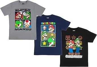 Nintendo Super Mario Boys T-Shirts 3-Pack, Super Mario Bros Characters 3-Pack of Tees for Boys Bundle Set