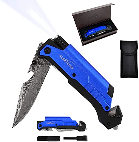 7-in-1 Multifunctional Folding Knife with Damascus Steel Blade,Glass Breaker, Seatbelt Cutter,Flashlight,Fire Starter,Bottle Opener and Carrying bag, Good for Military Emergency Outdoor Rescue (Blue)