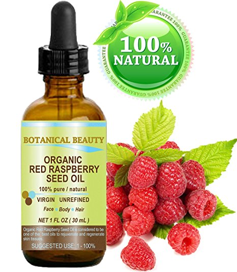 RED RASPBERRY SEED OIL ORGANIC. 100% Pure / Natural / Undiluted / Virgin / Unrefined Cold Pressed Carrier Oil. 1 Fl.oz.-30 ml. For Skin, Hair, Lip and Nail Care. "One of the highest anti-oxidant, rich in vitamin A and E, Omega 3, 6 and 9 Essential Fatty Acids". by Botanical Beauty