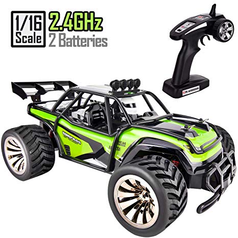 ROOYA BABY Remote Control Truck RC Car Off Road for Kids 2WD 24KMH 1/16 Desert Buggy Vehicle 2.4G Radio Control - 2 Rechargeable Batteries High Speed Race Truck - Green