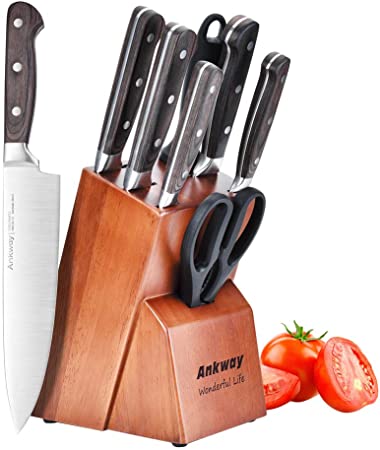 Set di Coltelli da Cucina Professionali con Ceppo, 7 Pezzi con Lama in Acciaio Inossidabile 1.4116 Tedesco, Impugnatura Ergonomica in Legno di Pakka e Blocco in Legno di Gomma Forbici da Cucina (Argento)