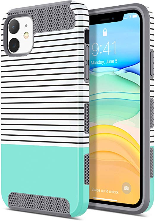 ULAK iPhone 11 Case, Slim Stylish Designed Shockproof Protective Hybrid Scratch Resistant Hard Back Cover Shock Absorbent TPU Bumper Case for Apple iPhone 11 6.1 inch (2019), Mint Stripes