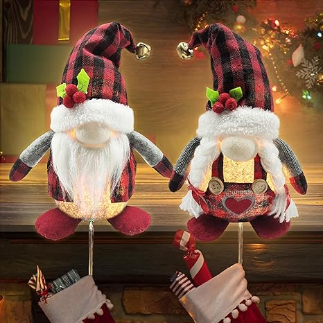 Christmas Stocking Holder LED, Christmas Mantle Decor, Plaid Gnomes with Stocking Holder, 2 Pack Christmas Gnomes Plush Mantle Hanger for Stockings, Xmas Decorations for Home Indoor