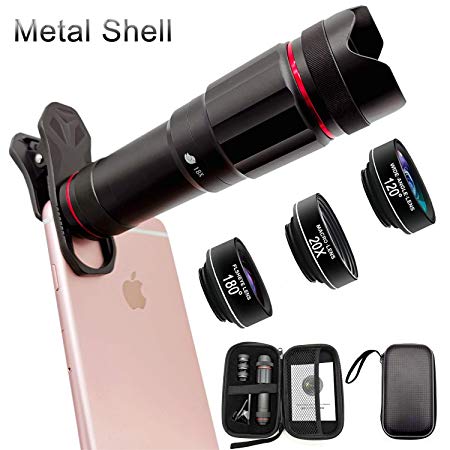 Phone Camera Lens, Faireach 4 in 1 Cell Phone Lens Kit - 18X Zoom Telephoto Lens  180° Fisheye Lens   120° Wide Angle Lens  20XMacro Lens Compatible with iPhone X XS Max XR/8 Samsung Android