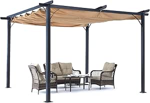 Patio Pergola with Retractable Shade - ABCCANOPY 10x10 Outdoor Retractable Pergola with Sun Shade Aluminum Pergola Shelter for Garden, Deck, Lawn, Porch & Backyard (Khaki)