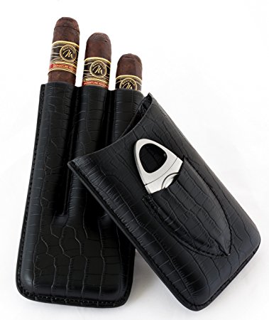 Mantello 3 Cigar Genuine Leather Cigar Case with Cutter