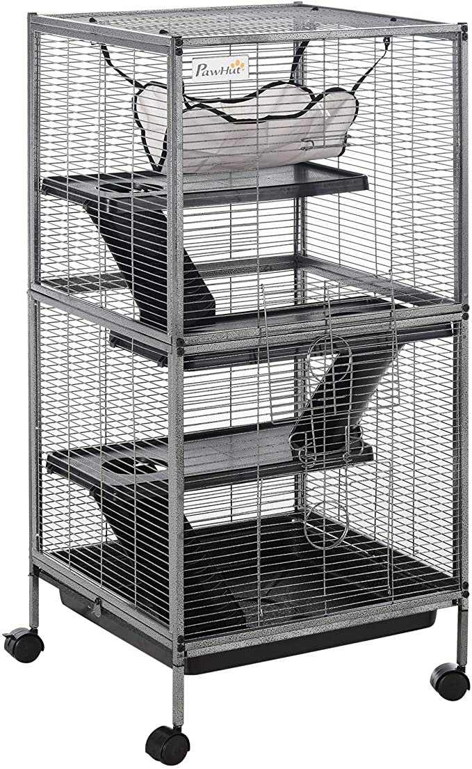 PawHut Rolling Small Animal Cage Pet Mink Chinchilla Small Cat Hutch Pet Play House with Platform, Ramp,Removable Tray