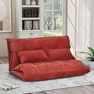 Harper & Bright Designs Floor Sofa Adjustable Lazy Sofa Bed, Foldable Mattress Futon Couch Bed with 2 Pollows (Red)