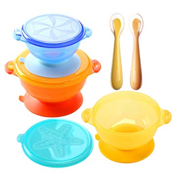 Suction Baby Bowls for Kids Toddlers Solid Feeding, Cute Stone 3 Size Stay Put Spill Proof Stackable to Go Snacks & Storage-with 3 Snap Tight Lids, 1 Travel Case, 2 Bendable Silicone Spoons, BPA-Free