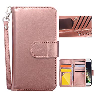 Crosspace iPhone XR Wallet Case, iPhone XR Case PU Leather Wallet Case 2-in-1 Detachable Protective Magnetic Shell with Nine Card Holder Slots and Wrist Lanyard for iPhone XR 6.1"-Rose Gold