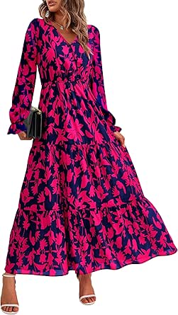 BTFBM Women Fall Dresses 2024 Casual Long Sleeve V Neck Maxi Dresses Floral Boho Long Dress Wedding Guest Dress