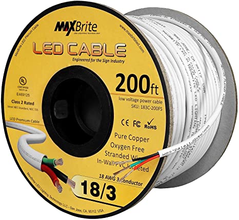 18AWG Low Voltage LED Cable 3 Conductor White Sleeve in-Wall Speaker Wire UL/cUL Class 2 (200 ft Reel)