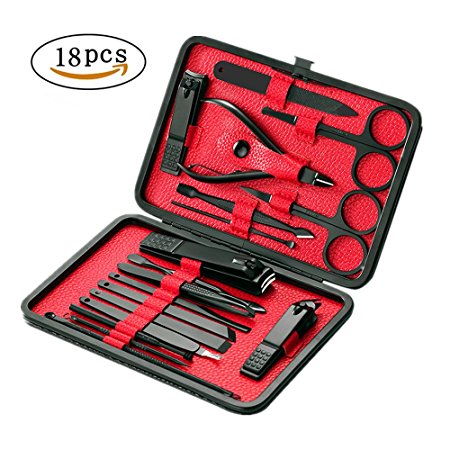 Manicure Pedicure Suit Kit - 18 PCS Black Stainless Steel Matte Nail Clippers Set, 18 in 1 Professional Grooming Kit with Toenail Nipper, Nail Tools with Black Travel Case, Facial Care Tools