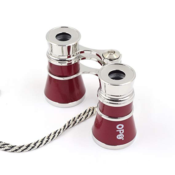 Opera Glasses Compact Binoculars for Theater Horse Racing Classical Lady Gift 3X25 Red with Silver Chain