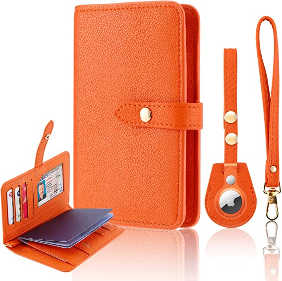 Airtag Passport Holder for Women/Men - Travel Wallet Slim Genuine Leather - Comes with Wristlet Strap - Trendy,RFID Blocking,Large Capacity Design - Awesome Anniversary,Birthday,Festival Gift - Orange