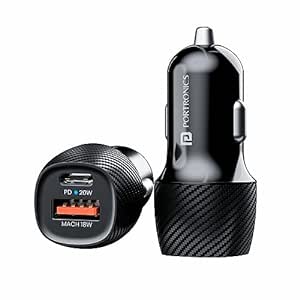 Portronics 20W Car Power 17 Car Charger Adapter with Dual Output (20W PD Type C Port   18W USB A Mach 3.0 Port), Fast Charging Compatible with iPhones, Android Smartphones, Tablets & More(Black)