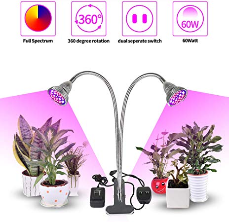 Full Spectrum LED Plant Grow Light, highydroLED 60W Dual Head Grow Lamp with Two Separate Control Switches for Office Home Indoor Plants Hydroponic Garden Greenhouse