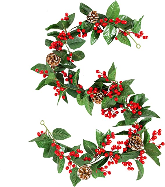 Timoo 6 FT Christmas Red Berry Garland Outdoor Christmas Garland Decorations with Pine Cones, Red Berries, Leaves Christmas Decorations for Home Fireplace Mantle and Stair Railing