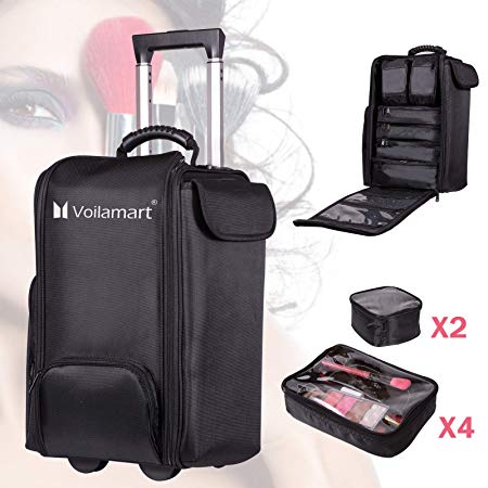 Voilamart Rolling Makeup Case Trolley 2 in 1 Travel Cosmetic Train Cases on Wheels - Nylon Black Bags for Professional Make Up Artist Cosmetics Storage (6 in 1 Makeup Train Case II, Black)