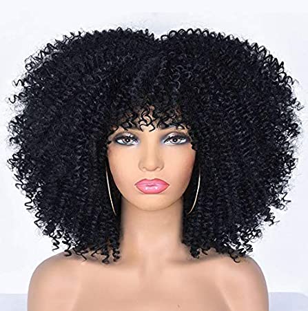 ANNIVIA 14inch Bomb Afro Kinky Curly Wig with Bangs Short Curly Wig Natural Black