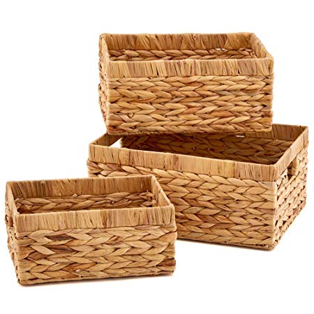 EZOWare Set of 3 Natural Woven Water Hyacinth Nesting Wicker Storage Baskets Organizer Container Bins with Handle