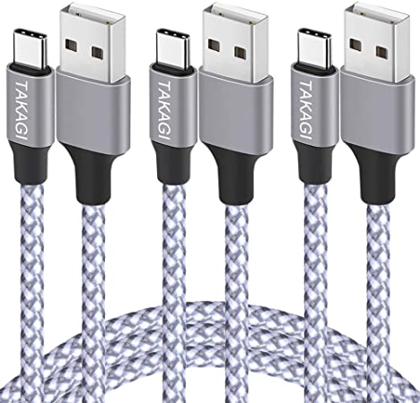 USB Type C Cable 3A Fast Charging, TAKAGI (3-Pack 6Feet) USB-A to USB-C Nylon Braided Data Sync Transfer Cord Compatible with Galaxy S10 S10E S9 S8 S20 Plus, Note 10 9 8 and Other USB C Charger