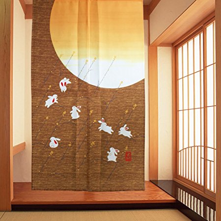Ancient Chinese Legend of Full Moon and Moon Rabbits Cartoon Pattern Japanese Noren Doorway and Living Room Curtain Seven White Bunny Decorative Curtain