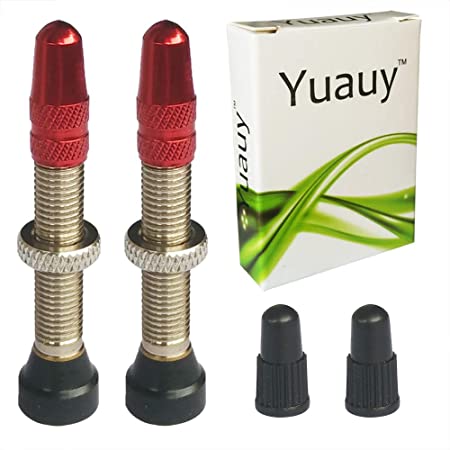 Yuauy 2 PCs No Tube Tubeless Valve Stem Core Copper Presta Universal with Red Metal and Black Plastic Bike Bicycle Road Racing Coloured Valve Cap Dust Covers