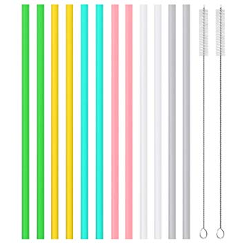 Rerii Regular Size Reusable Silicone Drinking Straws for 30oz and 20oz Tumbler, Extra Long Collapsible Silicone Straws Compatible with Yeti Rtic Ozark, 12 Straight   2 Cleaning Brushes