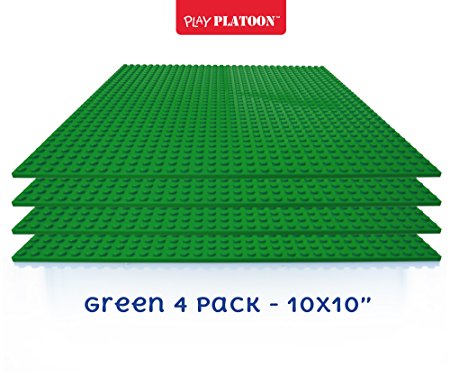 Building Bricks - 10" x 10" Green Stackable Baseplate (4 Pack) Compatible with all Major Brands