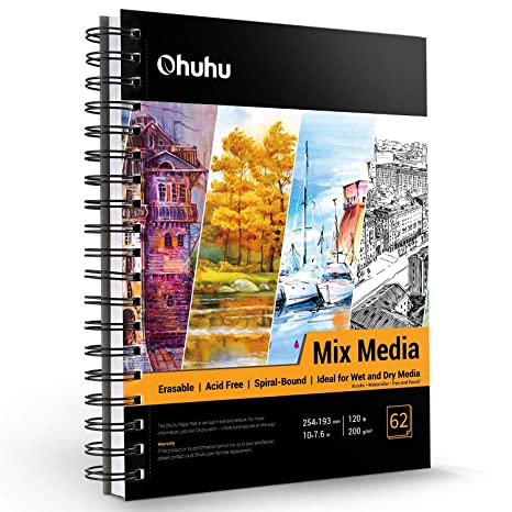 Mix Media Pad, Ohuhu 10"×7.6" Mixed Media Art Sketchbook, 120 LB/200 GSM Heavyweight Papers 62 Sheets/124 Pages, Spiral Bound Mixed Media Paper Pad for Acrylic, Watercolor, Pen and Pencil Painting