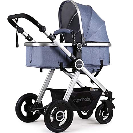 Newborn Baby Stroller Pram Stroller Folding Convertible Carriage Luxury Bassinet Seat Infant Pushchair with Foot Muff(Blue)