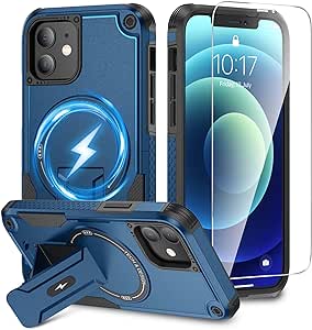 Caka for iPhone 12 Case, iPhone 12 Pro Case [HD Screen Protector][Compatible with MagSafe][Invisible Kickstand], Protective Magnetic Phone Case iPhone 12 & iPhone 12 Pro-6.1 inch (Navy Blue)