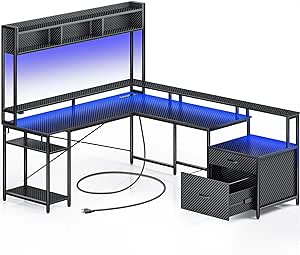 Rolanstar Computer Desk with File Drawers, 99.2" L Shaped Gaming Desk with Hutch, Reversible Desk with Power Outlet, LED Strip & Monitor Stand, 2 Person Home Office Desk, Carbon Fiber Black